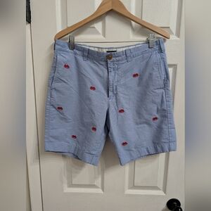 J. Crew Men’s 34 Sunwashed Oxford Blue 9” Shorts Red Crabs Cotton Chino Casual